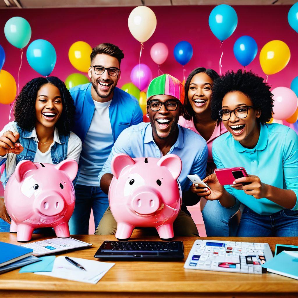 A vibrant scene depicting a diverse group of happy individuals accessing their membership benefits via smartphones and laptops, surrounded by symbols of affordability like a piggy bank and discount tags. Add elements that represent quality, such as a trophy and a checklist, all set against a vibrant background that conveys excitement and energy. super-realistic. vibrant colors.