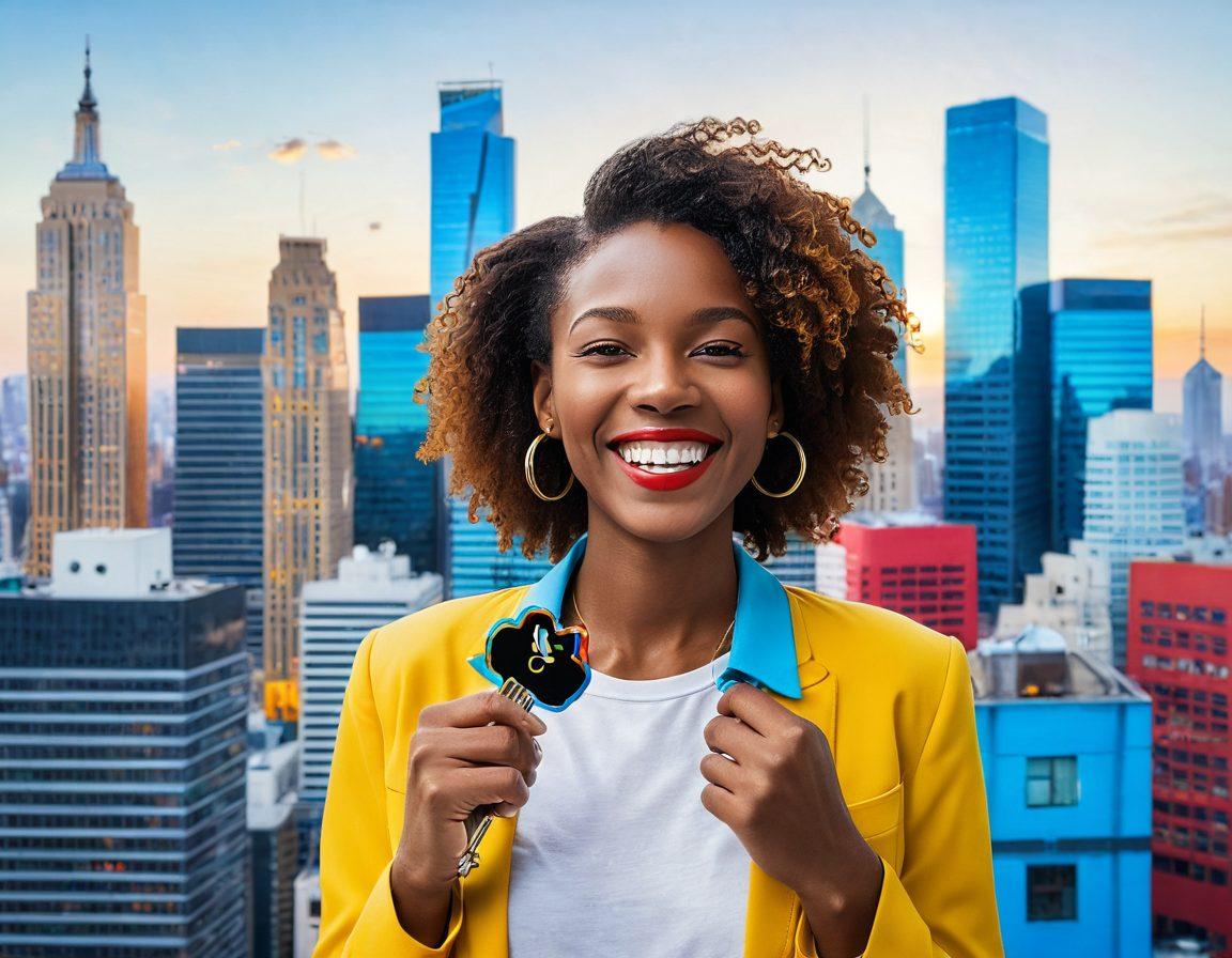 A joyful person holding a key unlocking a colorful lock surrounded by icons representing benefits like health, travel, and entertainment. The background features a vibrant city skyline to symbolize opportunity and access. Use bright colors to evoke a sense of positivity and excitement. super-realistic. vibrant colors. white background.