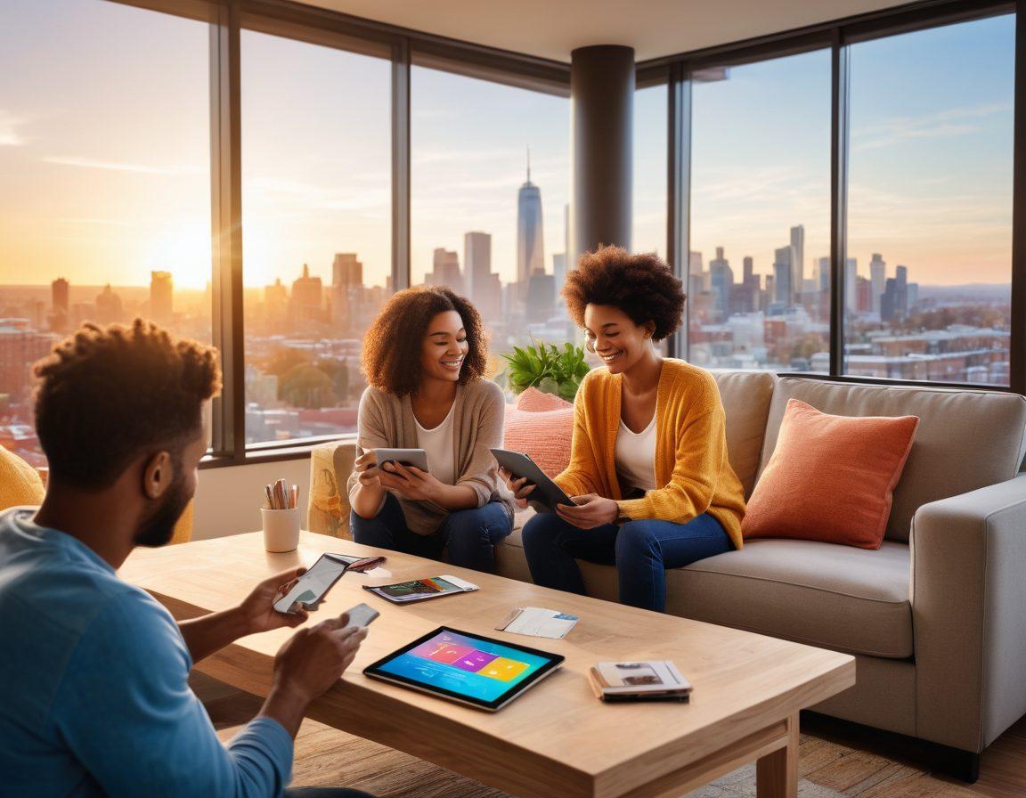 A cozy, inviting scene featuring a diverse group of people engaging in various activities, showcasing the joy of on-demand memberships. Include a digital tablet displaying subscription options, colorful membership cards scattered around, and a serene background with a bright skyline. The atmosphere should evoke a sense of instant gratification and community. vibrant colors. super-realistic.